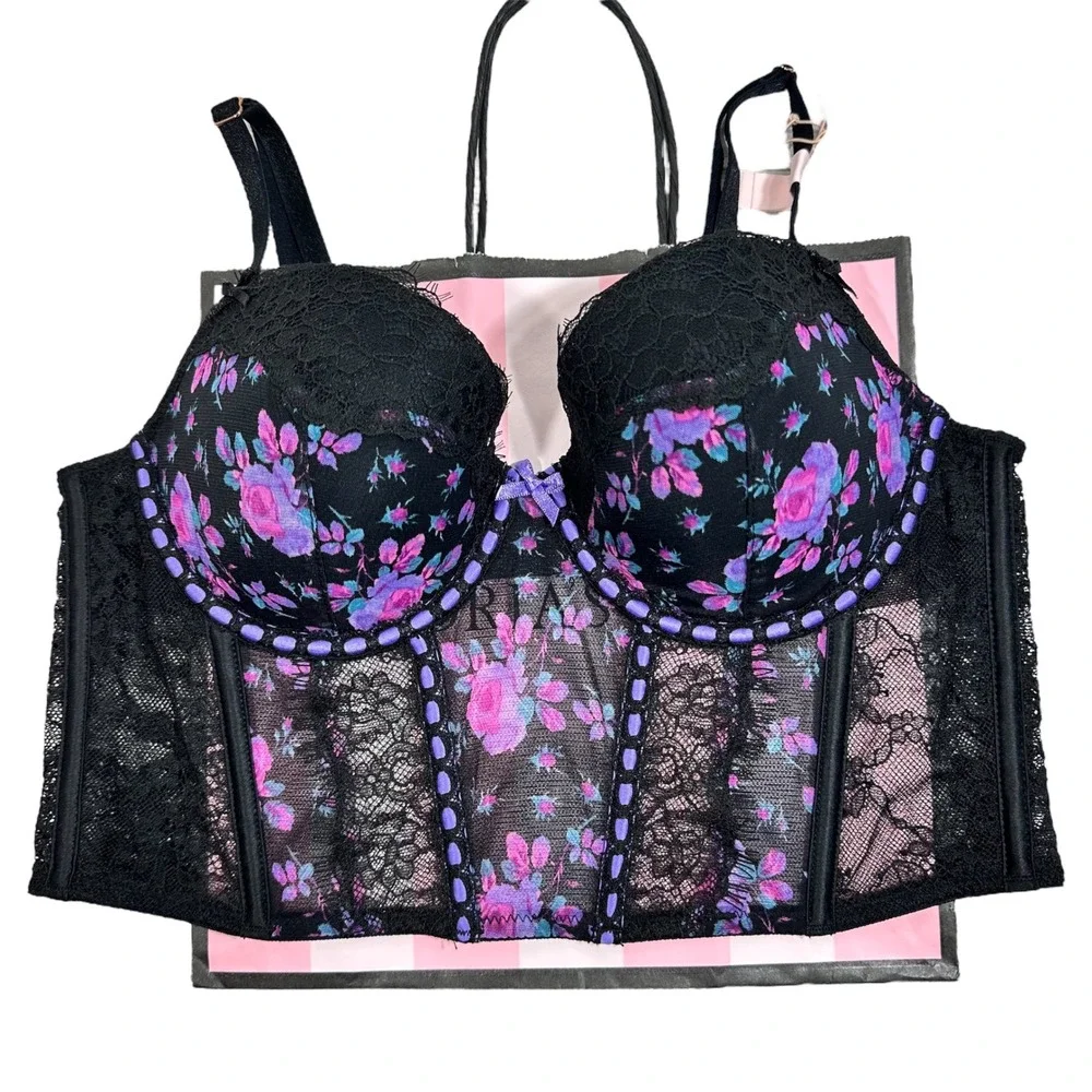 NWT Victoria's Secret Dream Angels Floral Lace Bustier Corset Top Black Purple L
